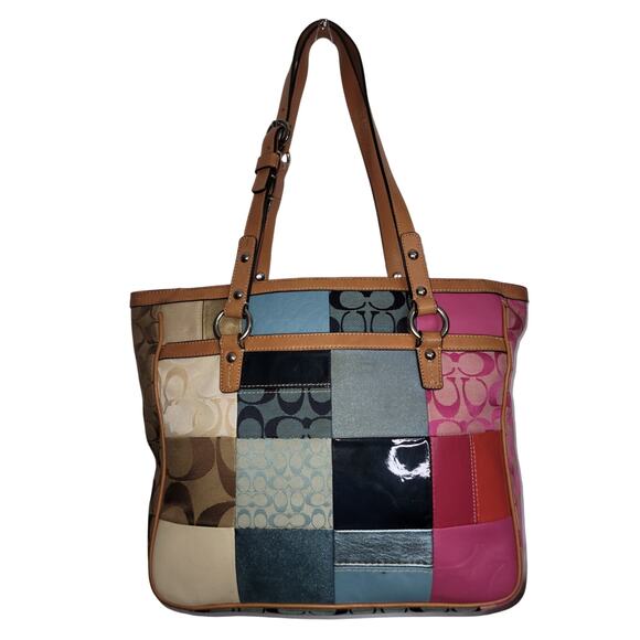 Coach Patchwork Signature Tote Pink Blue F14653 - Picture 1 of 8